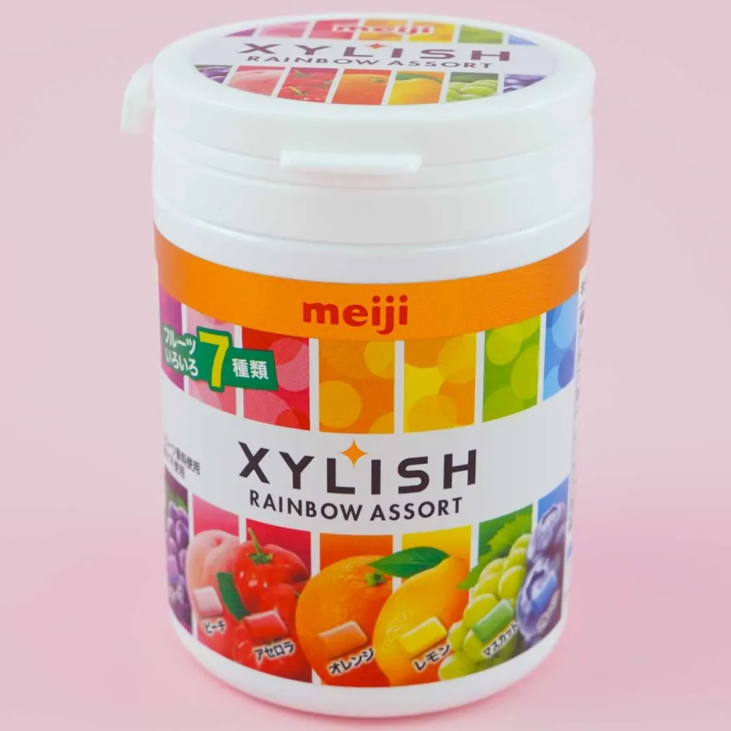 Meiji Xylish Rainbow Assorted Fruit Gum Bottle